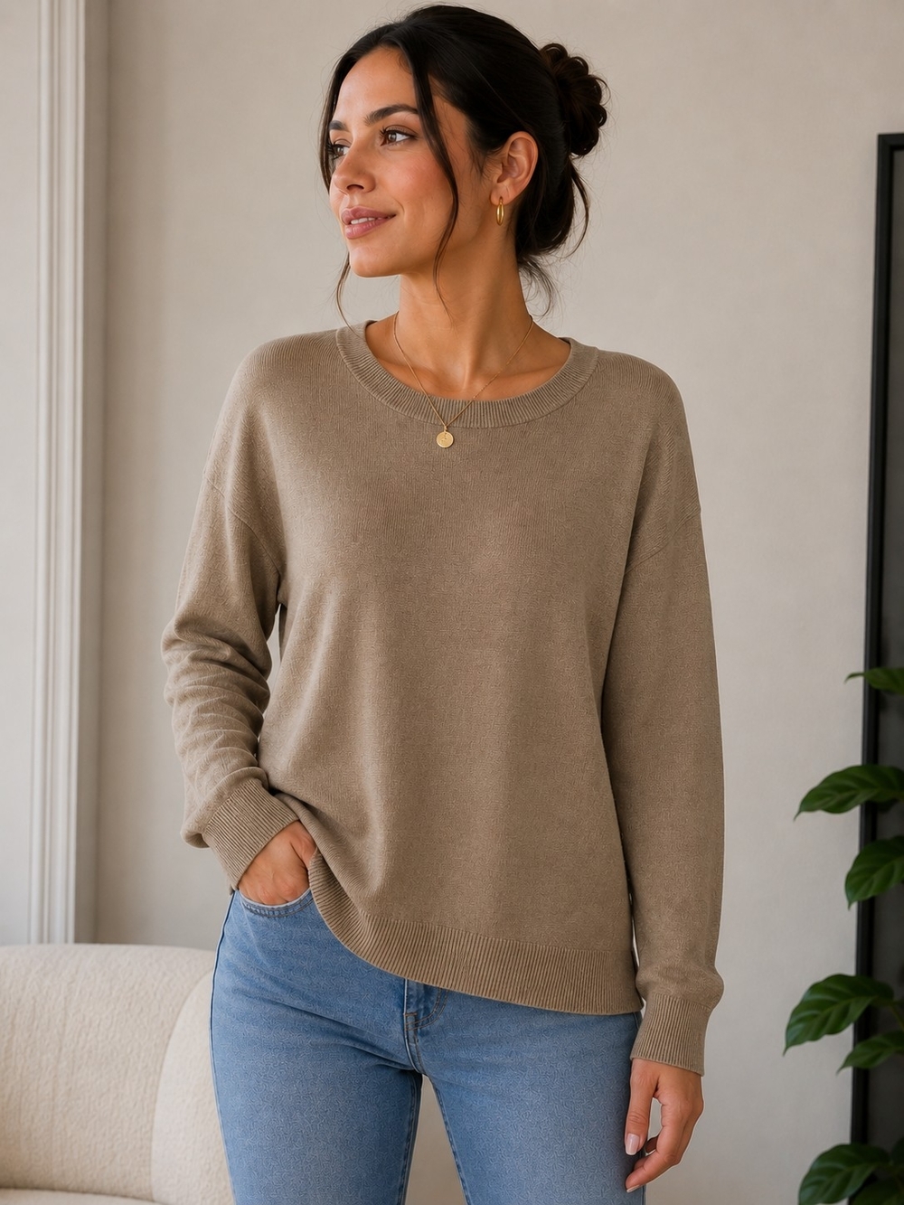 Boss Taupe Crewneck Sweater - Neutral Knit Pullover